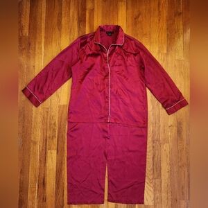 Burgundy Red Satin Long Sleeve Two Piece Pajama Pant Set w/White Trim Size M